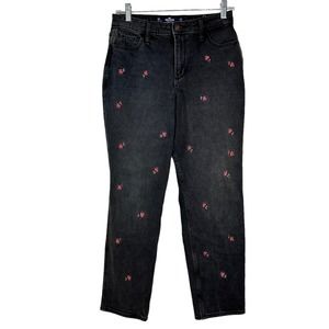Hollister Vintage Stretch Curvy High Rise Mom Jeans Black Red Embroidered Roses